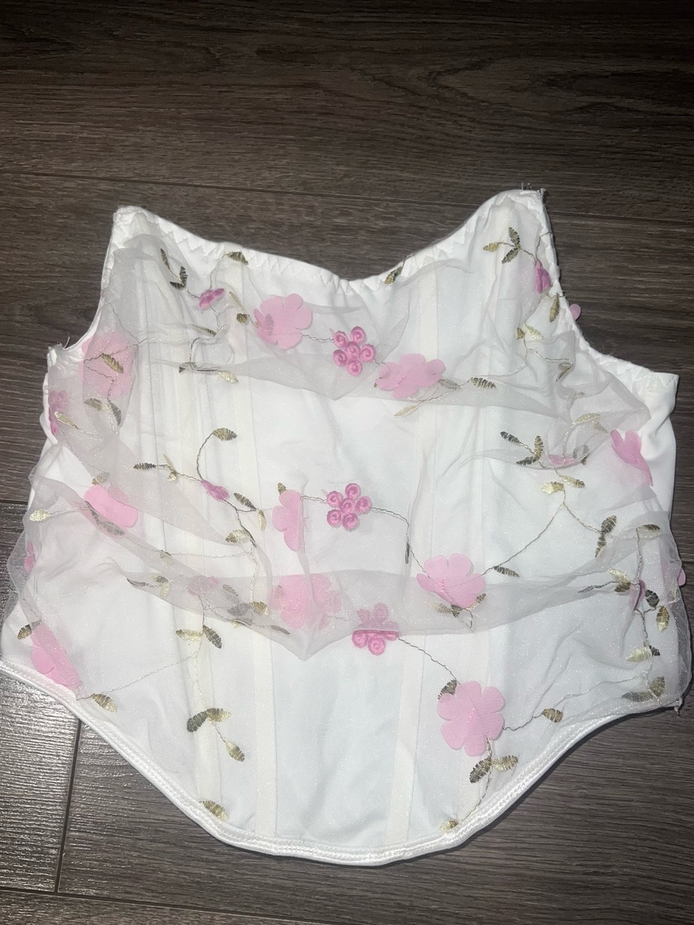 White Strapless Floral Mesh Corset Crop Top with Pink Appliqué
